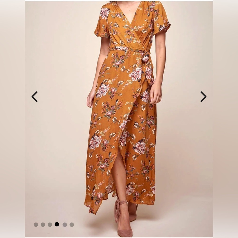 SLNY High-Low Short Sleeve Floral Maxi Dress Mustard Color Size 6